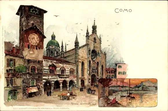 Künstler Litho Wielandt, M., Como Lombardia, Turm, Uhr, Platz