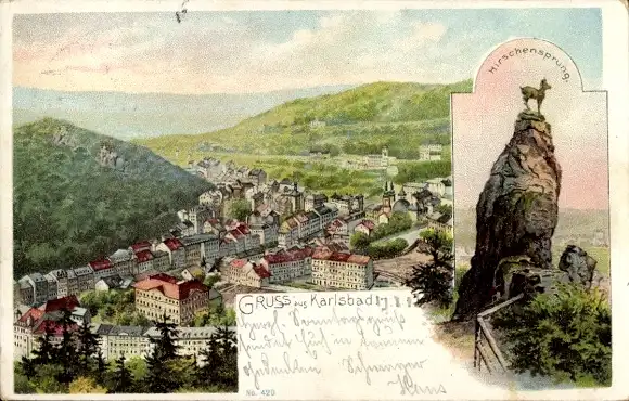 Litho Karlovy Vary Karlsbad Stadt, Hirschensprung, Gesamtansicht