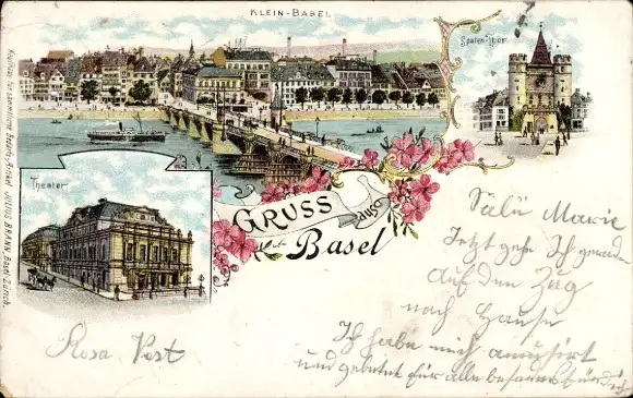 Litho Basel Stadt Schweiz, Spalen-Tor, Theater, Stadtansicht