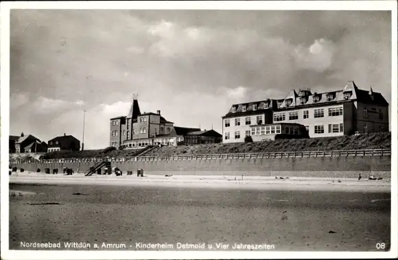 Ak Wittdün auf Amrum Nordfriesland, Kinderheim Detmold u. Vier Jahreszeiten, Strand, Promenade