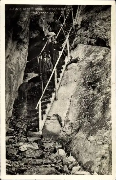 Ak Grindelwald Kanton Bern, Aufsteig nach Eismeer Gletschersteinhütte Milchbachloch