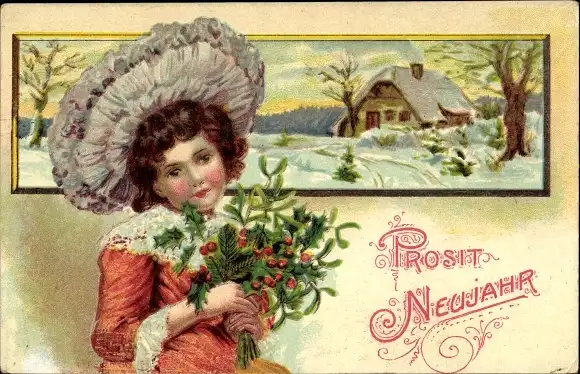Präge Ak Glückwunsch Neujahr, Mädchen-Portrait, Mistelzweige