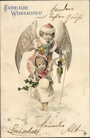 Litho Glückwunsch Weihnachten, Mädchen, Schutzengel, Spielzeug