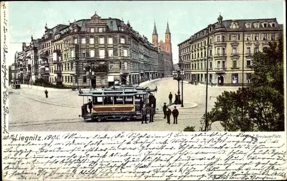 Ak Legnica Liegnitz Schlesien, Breslauer Platz, Straßenbahn