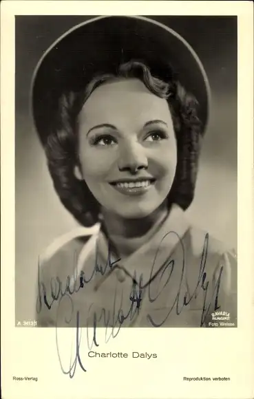 Ak Schauspielerin Charlotte Dalys, Ross Verlag A 3413 1, Portrait mit Hut, Autogramm