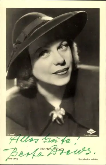 Ak Schauspielerin Berta Drews, Portrait mit Hut, Autogramm
