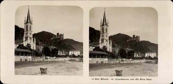 Stereo Foto St. Goarshausen im Rhein Lahn Kreis, Hotel zum Adler, Burg Katz