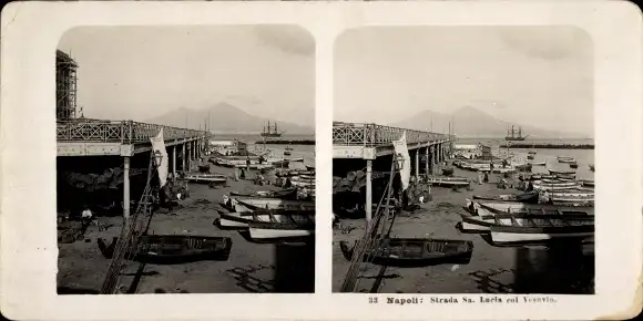 Stereo Foto Napoli Neapel Campania, Hafenpartie, Vesuv