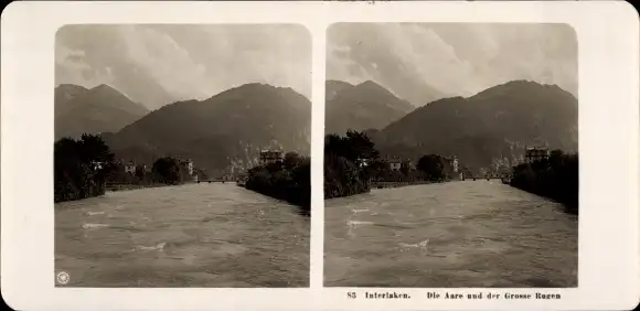 Stereo Foto Interlaken Kt. Bern Schweiz, Die Aare und der Große Rugen