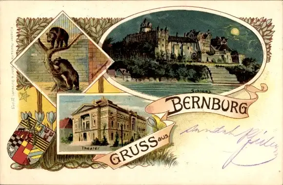 Litho Bernburg an der Saale, Schloss bei Nacht, Theater, Bärenzwinger, Wappen