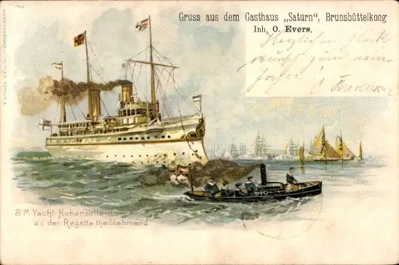Litho S.M. Yacht Hohenzollern an der Regatta teilnehmend, Deutsches Kriegsschiff