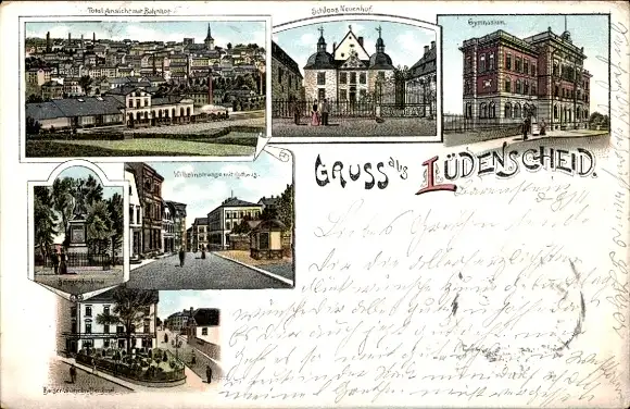 Litho Lüdenscheid im Märkischen Kreis, Schloss Neuenhof, Gymnasium, Kriegerdenkmal