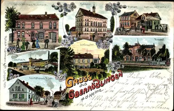 Litho Oberröblingen Sangerhausen Südharz, Bahnhof, Post6amt, Gasthaus, Ratskeller, Schlösschen