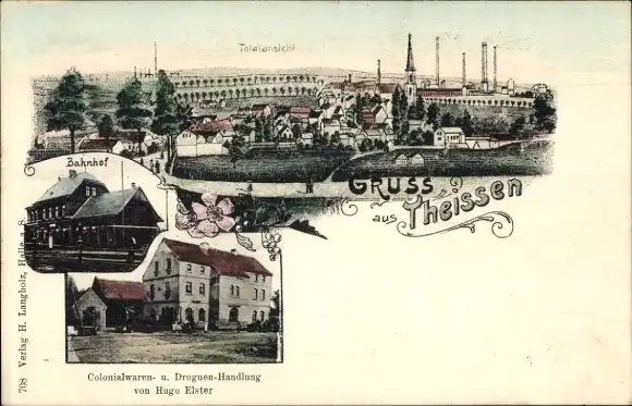 Ak Theißen Zeitz im Burgenlandkreis, Bahnhof, Gleisseite, Kolonialwarenhandlung, Totalansicht