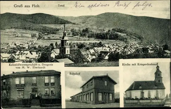 Ak Floh Seligenthal in Thüringen, Bahnhof, Kirche, Kriegerdenkmal, Kolonialwarengeschäft