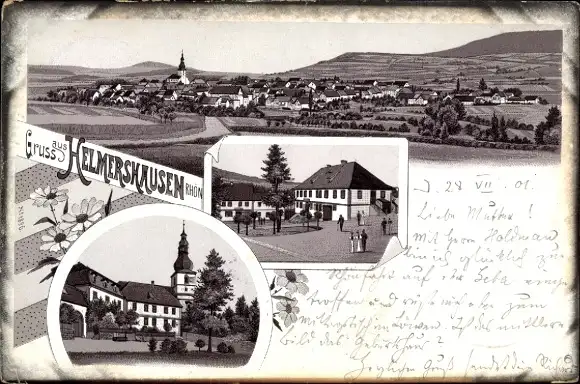 Litho Helmershausen Bauerbach Rhönblick, Ort, Gasthaus, Kirche, Totalansicht