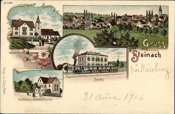Litho Steinach Pfronten Ostallgäu Bayern, Kirche, Gasthaus zum Goldenen Kreuz, Bahnhof