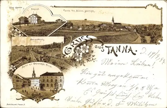 Litho Tanna in Thüringen, Bahnhof, Gleisseite, Marmorsteinbruch, Markt