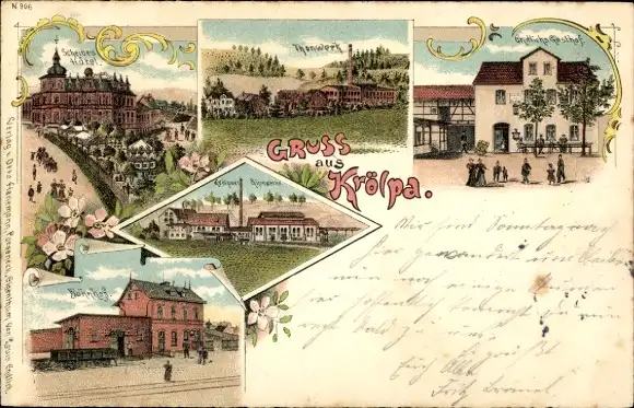 Litho Krölpa in Thüringen, Tonwerk, Gasthof, Bahnhof, Gleisseite, Hotel