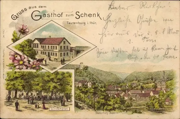 Litho Tautenburg in Thüringen, Gasthof zum Schenk, Lindenplan, Gesamtansicht
