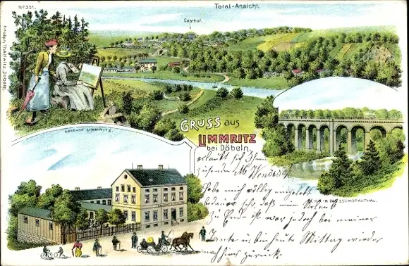 Litho Limmritz Döbeln in Sachsen, Panorama, Malerin, Gasthof Limmritz, Zschopautal, Viadukt