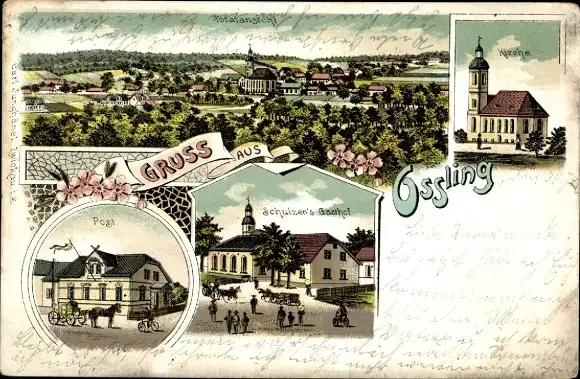 Litho Oßling Ossling in der Oberlausitz, Kirche, Post, Schulzen's Gasthof, Totalansicht