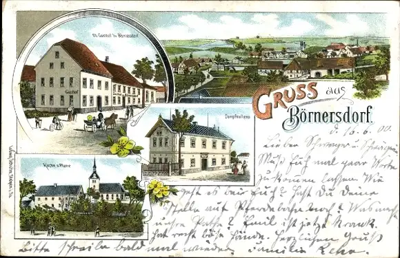 Litho Börnersdorf Bad Gottleuba in Sachsen, Gasthof, Dampfmolkerei, Kirche und Pfarre, Panorama