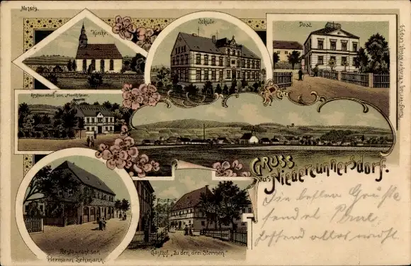 Litho Niedercunnersdorf Kottmar in der Oberlausitz Sachsen, Schule, Post,Gasthof zu den drei Sternen