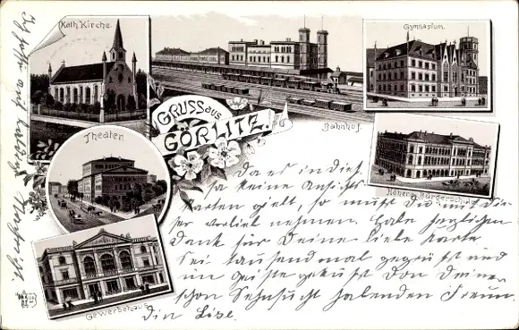 Litho Görlitz in der Lausitz, Bahnhof, Gleisseite, Gymnasium, Bürgerschule, Theater, Kirche