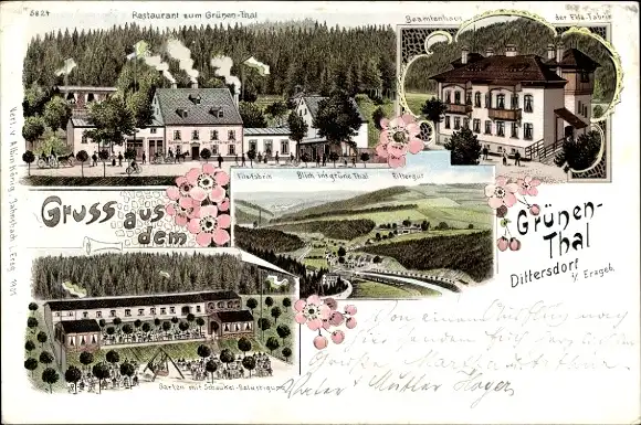 Litho Dittersdorf Erzgebirge, Restaurant zum Grünen Thal, Garten, Beamtenhaus