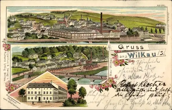 Litho Wilkau Haßlau in Sachsen, Gasthof zum Schützenhaus, Blick auf den Ort