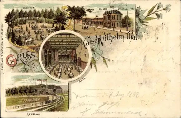 Litho Dortmund im Ruhrgebiet, Gasthaus Kaiser Wilhelm Thal, Innenansicht, Pferderennbahn