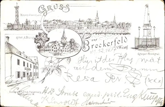 Litho Breckerfeld im Sauerland Westfalen, Kriegerdenkmal, Hotel, Hohenzollernturm