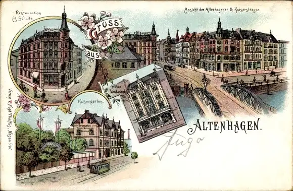Litho Altenhagen Hagen in Westfalen, Kaiserstraße, Restauration, Kaisergarten, Hotel