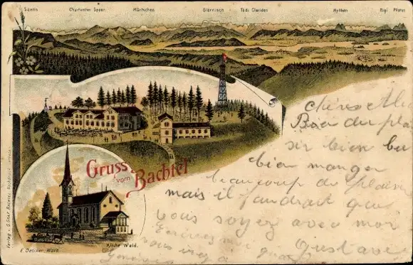 Litho Hinwil Kanton Zürich Schweiz, Bachtel Kulm, Kirche Wald, Aussichtsturm, Gebirgspanorama