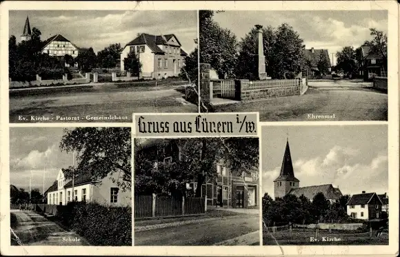 Ak Lünern Unna im Ruhrgebiet, Evangelische Kirche, Pastorat, Gemeindehaus, Ehrenmal