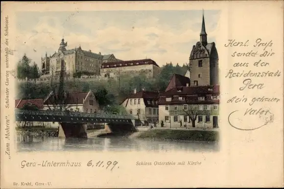 Ak Untermhaus Gera in Thüringen, Schloss Osterstein, Elster, Brücke, Kirche