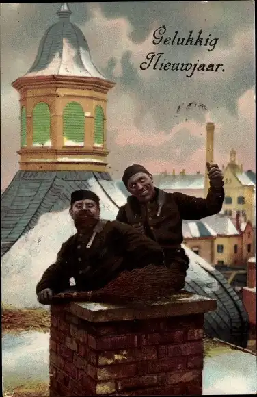 Ak Glückwunsch Neujahr, Zwei Schornsteinfeger auf dem Dach