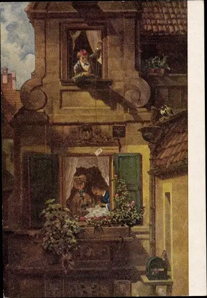 Künstler Ak Spitzweg, C., Der Liebesbrief, Liebe, Amor, Überraschung