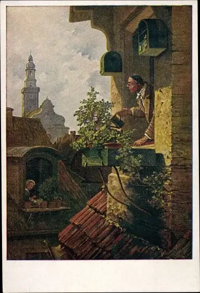 Künstler Ak Spitzweg, C., Der Blumenfreund, Mann gießt Blumen, Gießkanne