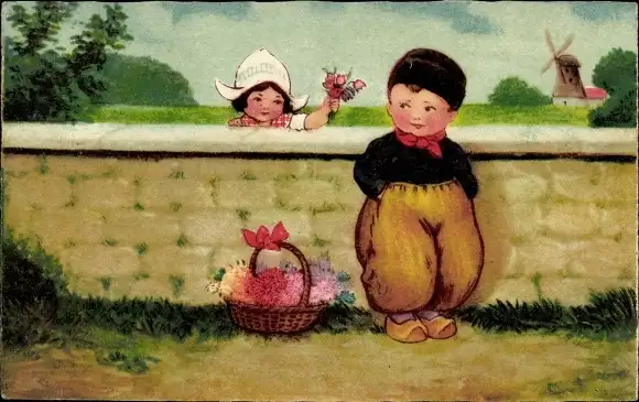 Ak Versuchung, Junge, Mädchen, niederländische Trachten, Windmühle, Amag 1656