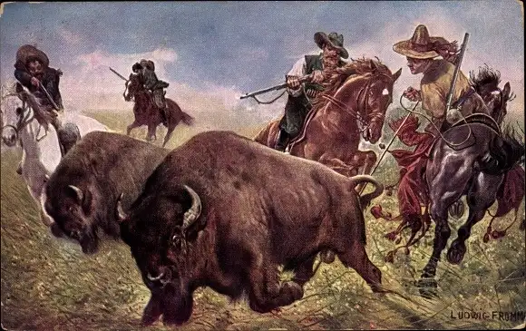 Künstler Ak Fromme, Ludwig, Männer auf der Bisonjagd