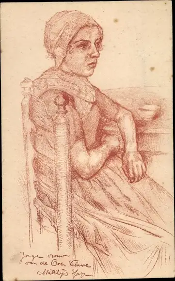 Künstler Ak Gemaltes Portrait einer Frau am Tisch, Stuhl