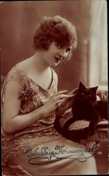Ak Glückwunsch Neujahr, Frau mit schwarzer Katze