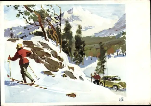 Künstler Ak Mundorff, Victor, Skifahrerin, Winterlandschaft, Berge, Auto, VW Käfer