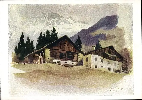 Künstler Ak Schwetz, Franz, Gebirgslandschaft, Bauernhaus