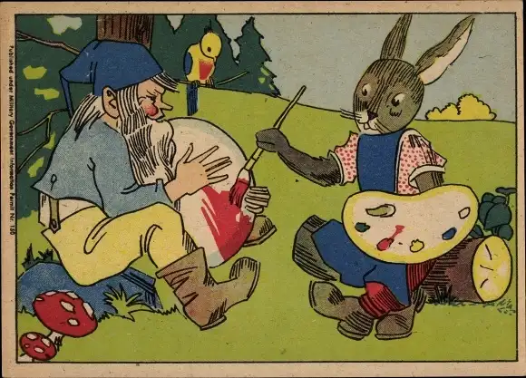 Ak Glückwunsch Ostern, Osterhase bemalt Osterei, Zwerg, Vogel