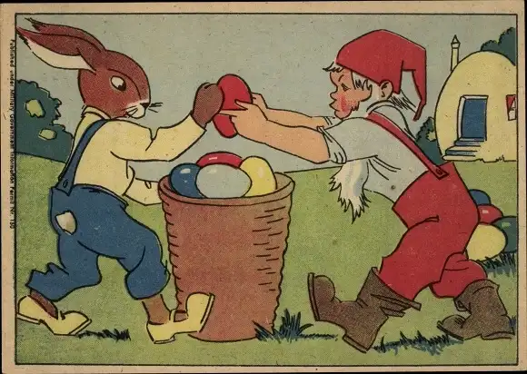 Ak Glückwunsch Ostern, Osterhase und Zwerg, Korb, Ostereier