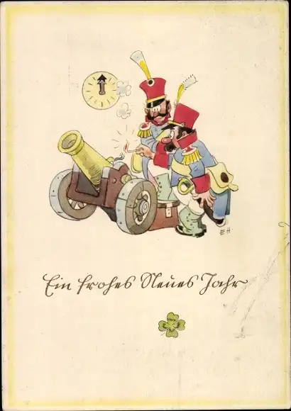 Künstler Ak Glückwunsch Neujahr, Männer entzünden eine Kanone, Uhr, Klee