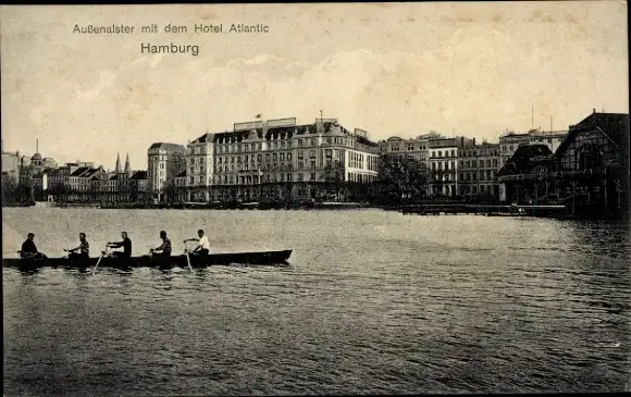 Ak Hamburg Mitte Altstadt, Außenalster, Hotel Atlantic, Ruderboot